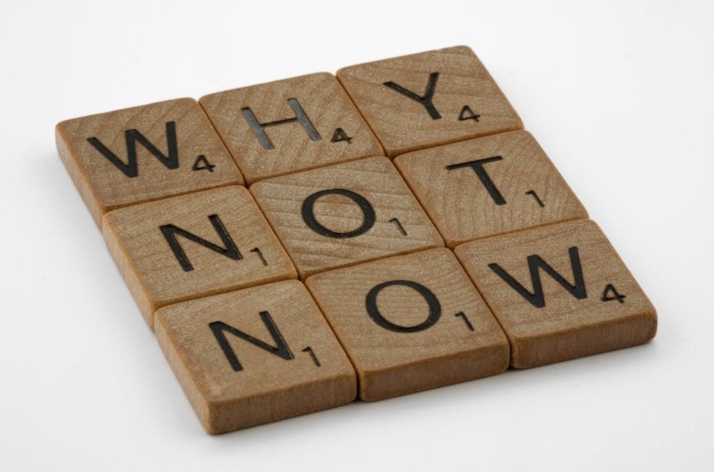 Wooden letter tiles form the motivating phrase 'Why Not Now' on a white background, encouraging action and decision-making.